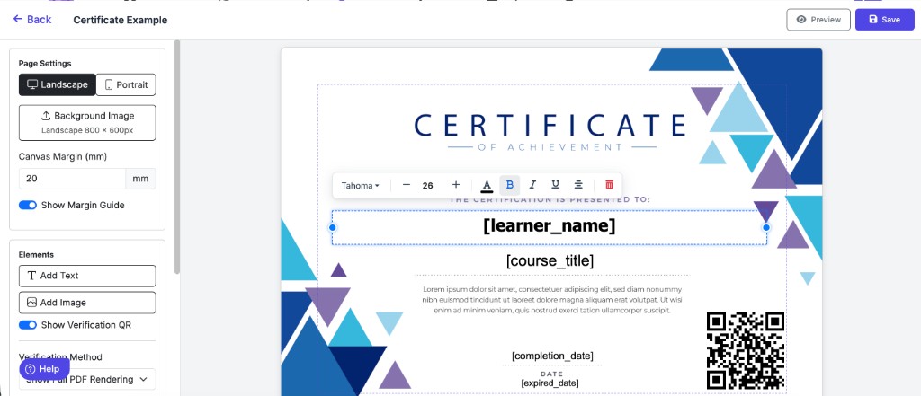 SCORM Dispatch certificate builder, showing the designer rather than the finished PDF