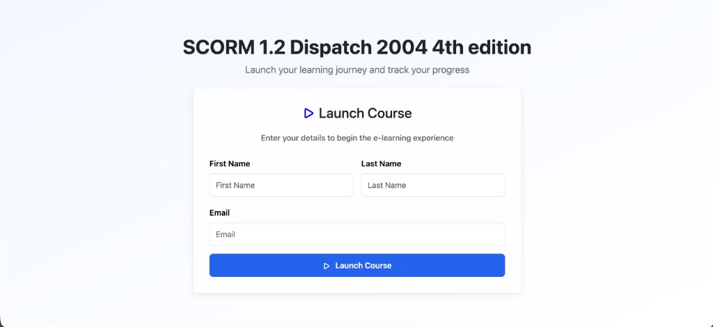 External Link launch form where the learner enters first name, last name and email